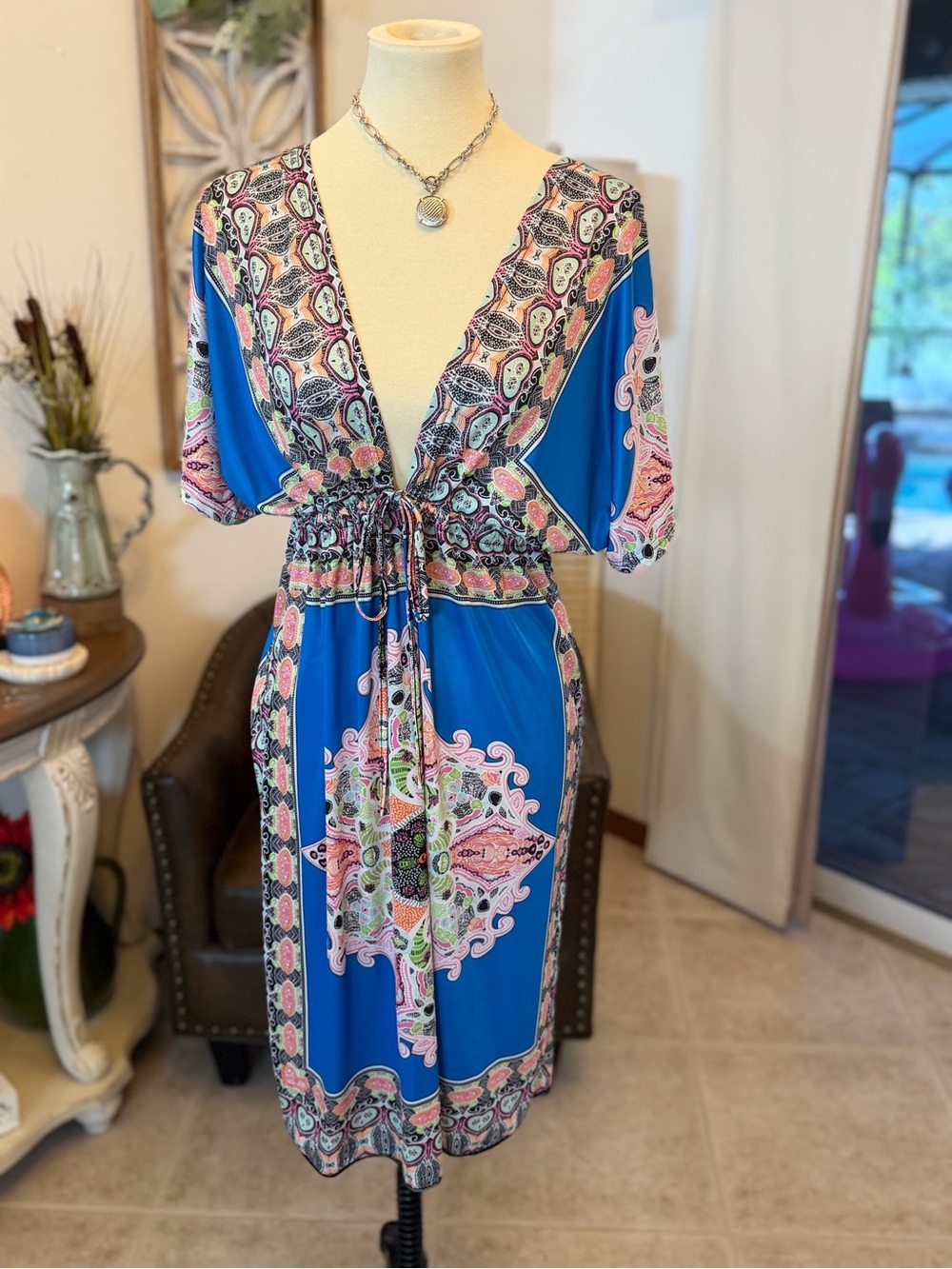 Boho Printed V neck mini dress/ coverup OS New in blue